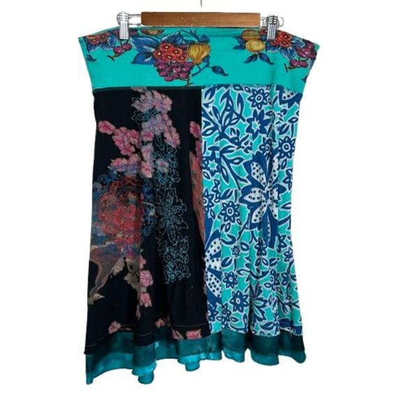 VTG Y2K Desigual A Line Circle Skirt XL Embroidered Patchwork Floral Whimsical - Picture 1 of 10